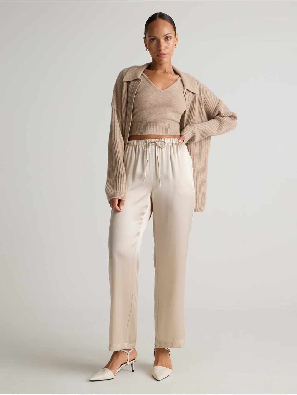 Quince 100% Silk Drawstring Wide Leg Pant in Champagne Size M